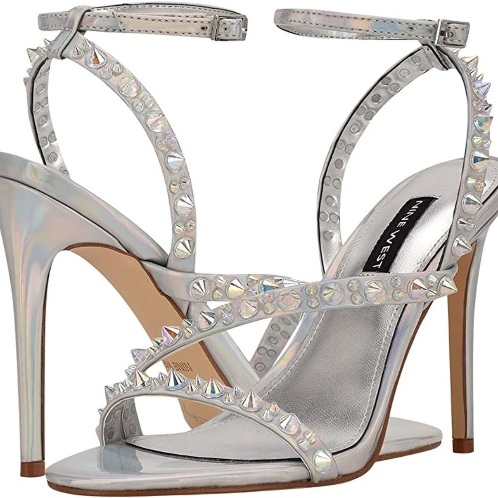 Nine West Mitz Iridescent Silver Strappy Dress Heeled Stiletto Sandal NIB